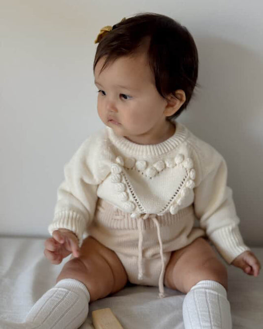 Pom Heart Knit Sweater Romper with Bow