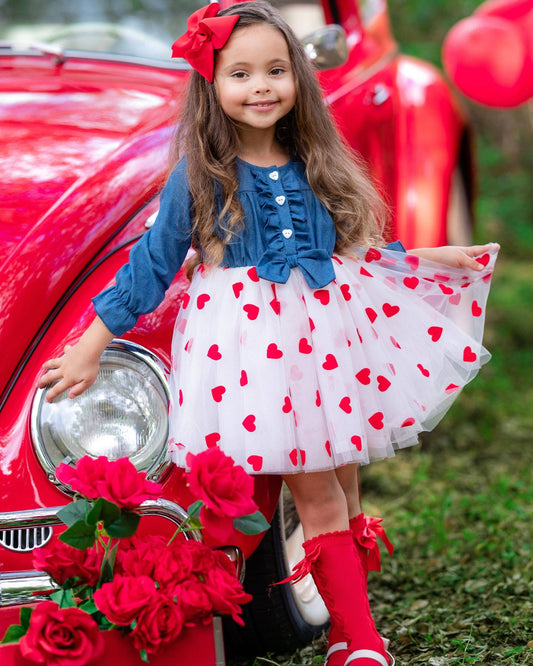 Queen of Hearts Chambray Tutu Dress: White