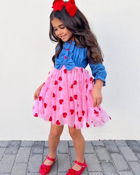 Queen of Hearts Chambray Tutu Dress: Pink