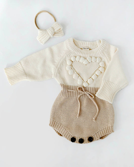 Pom Heart Knit Sweater Romper with Bow