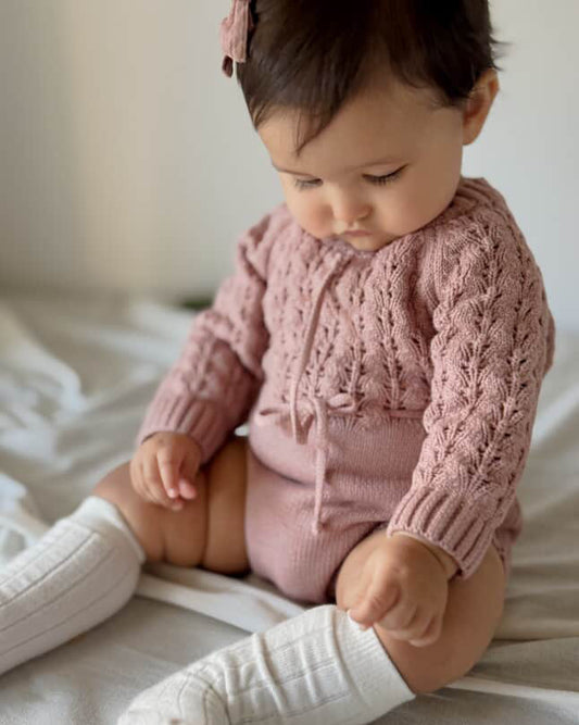 Cotton Knit Sweater Romper- Dusty pink