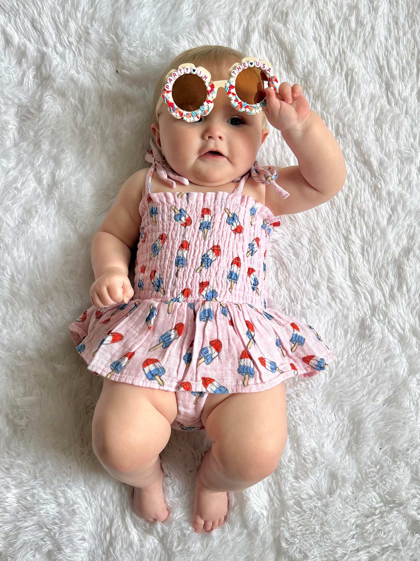 Muslin Smocked Bubble Romper- Red, White & Blue Popsicle