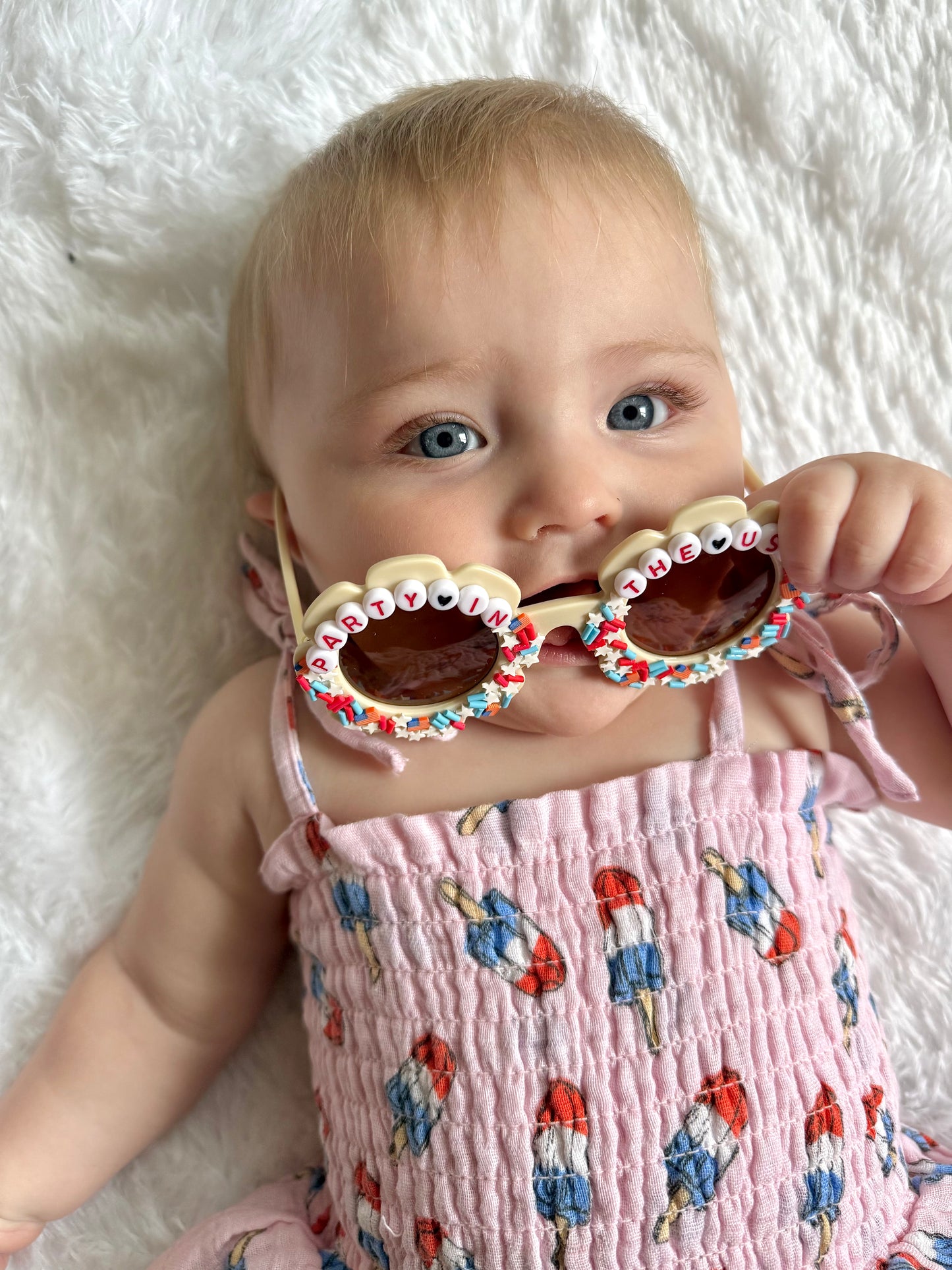 Muslin Smocked Bubble Romper- Red, White & Blue Popsicle