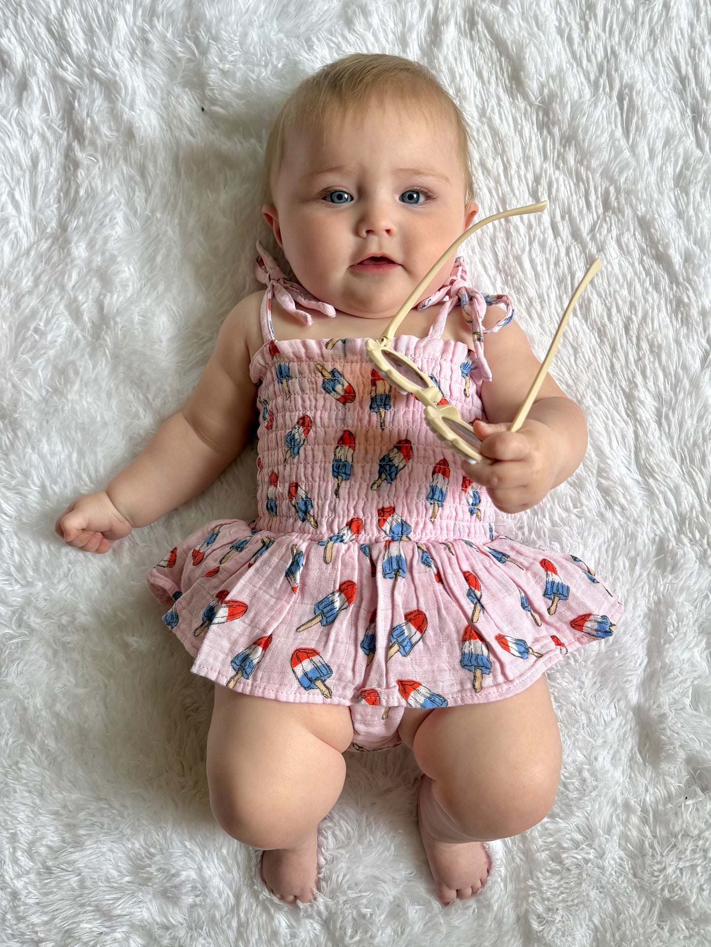 Muslin Smocked Bubble Romper- Red, White & Blue Popsicle