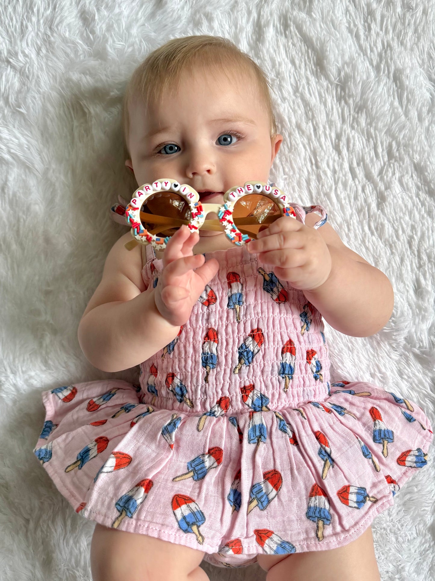 Muslin Smocked Bubble Romper- Red, White & Blue Popsicle