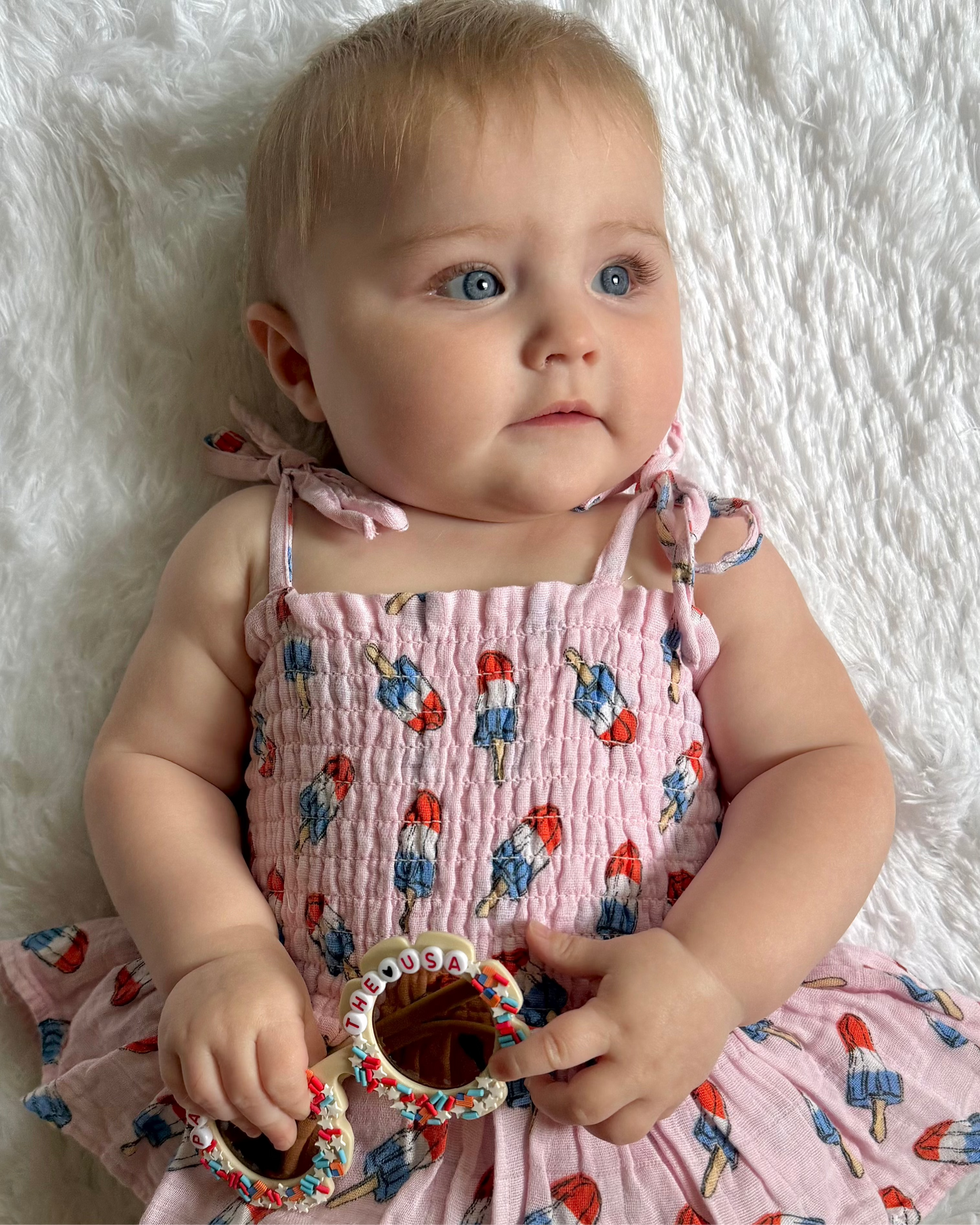 Muslin Smocked Bubble Romper- Red, White & Blue Popsicle