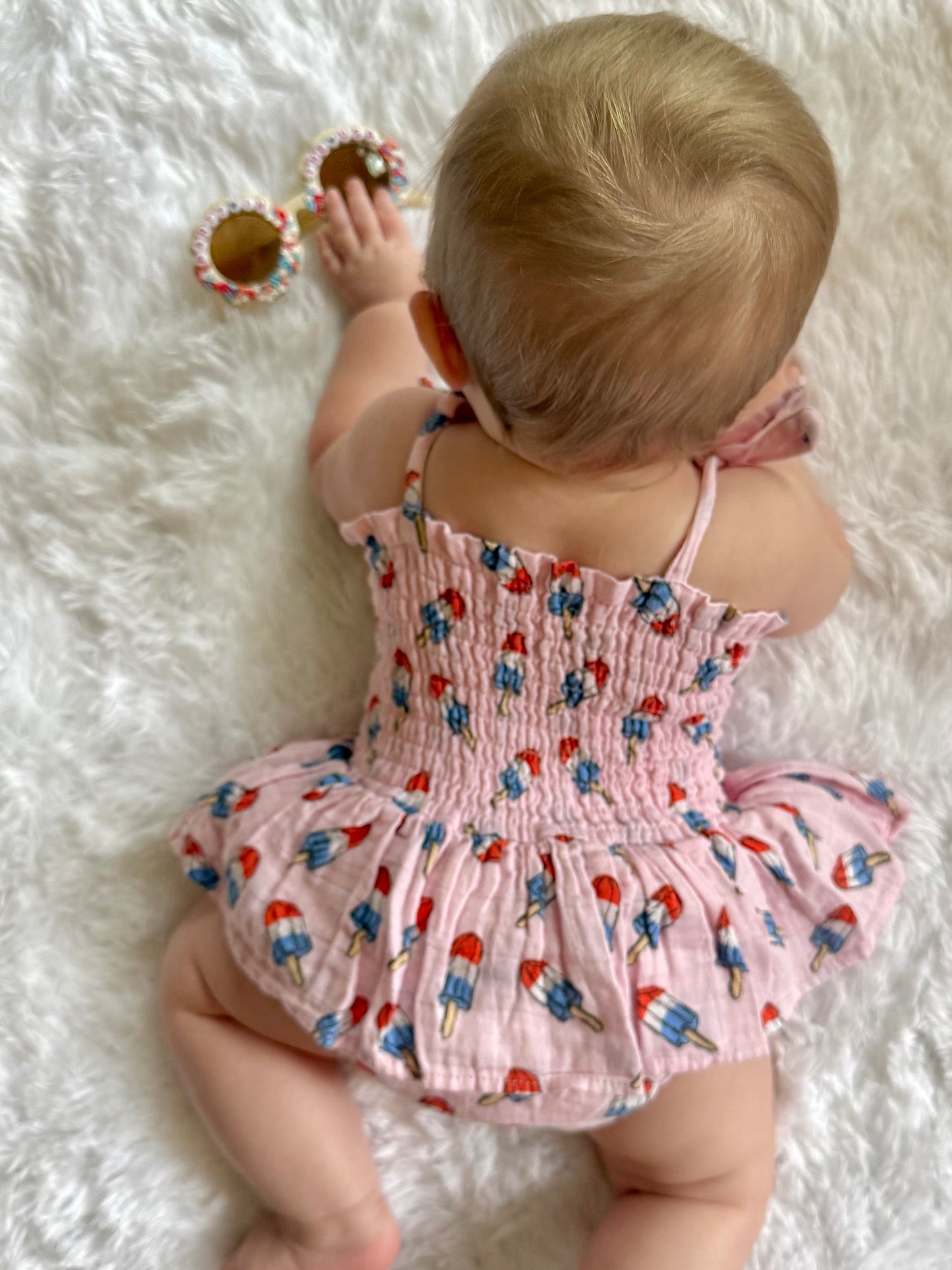 Muslin Smocked Bubble Romper- Red, White & Blue Popsicle