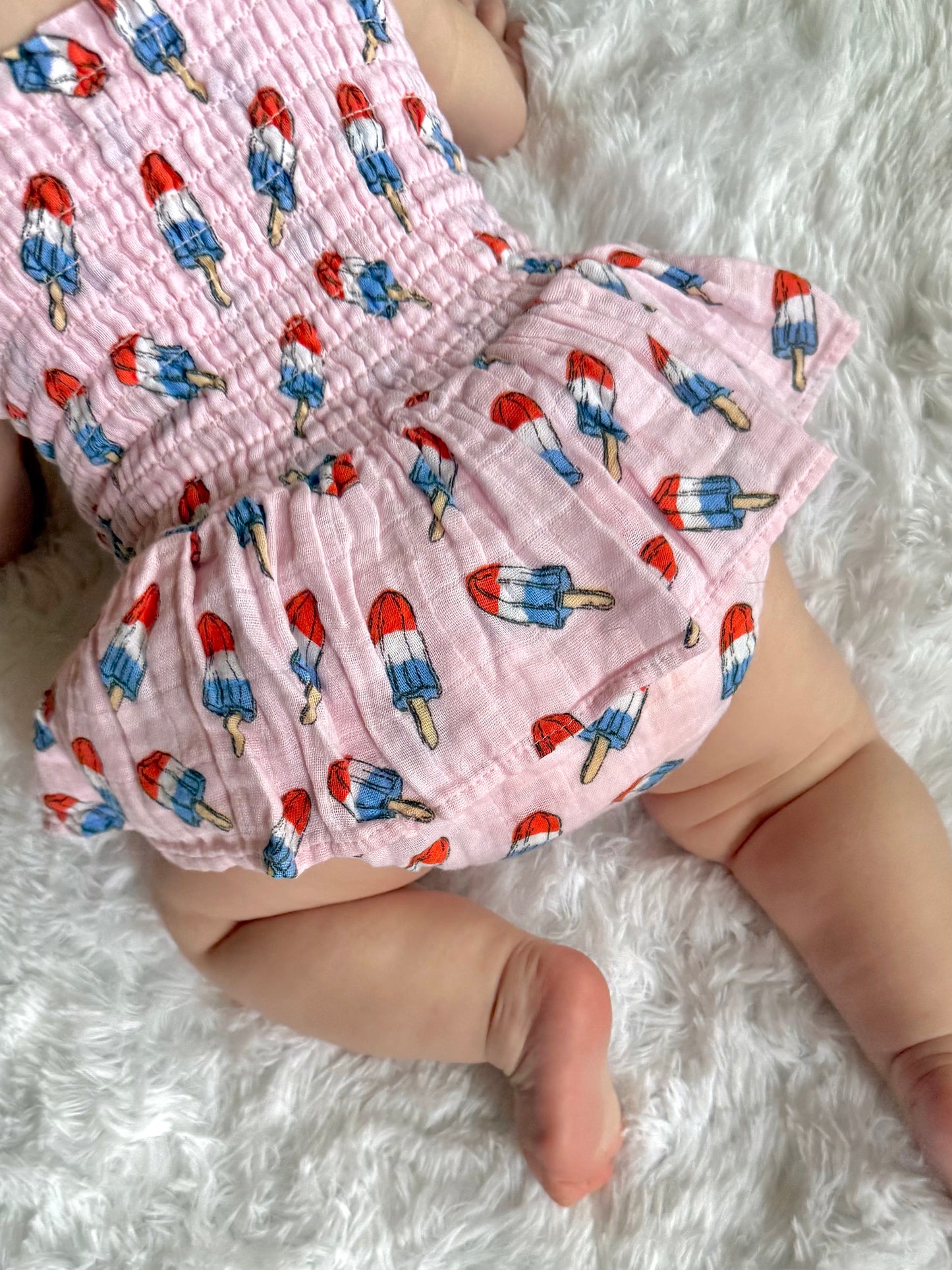 Muslin Smocked Bubble Romper- Red, White & Blue Popsicle